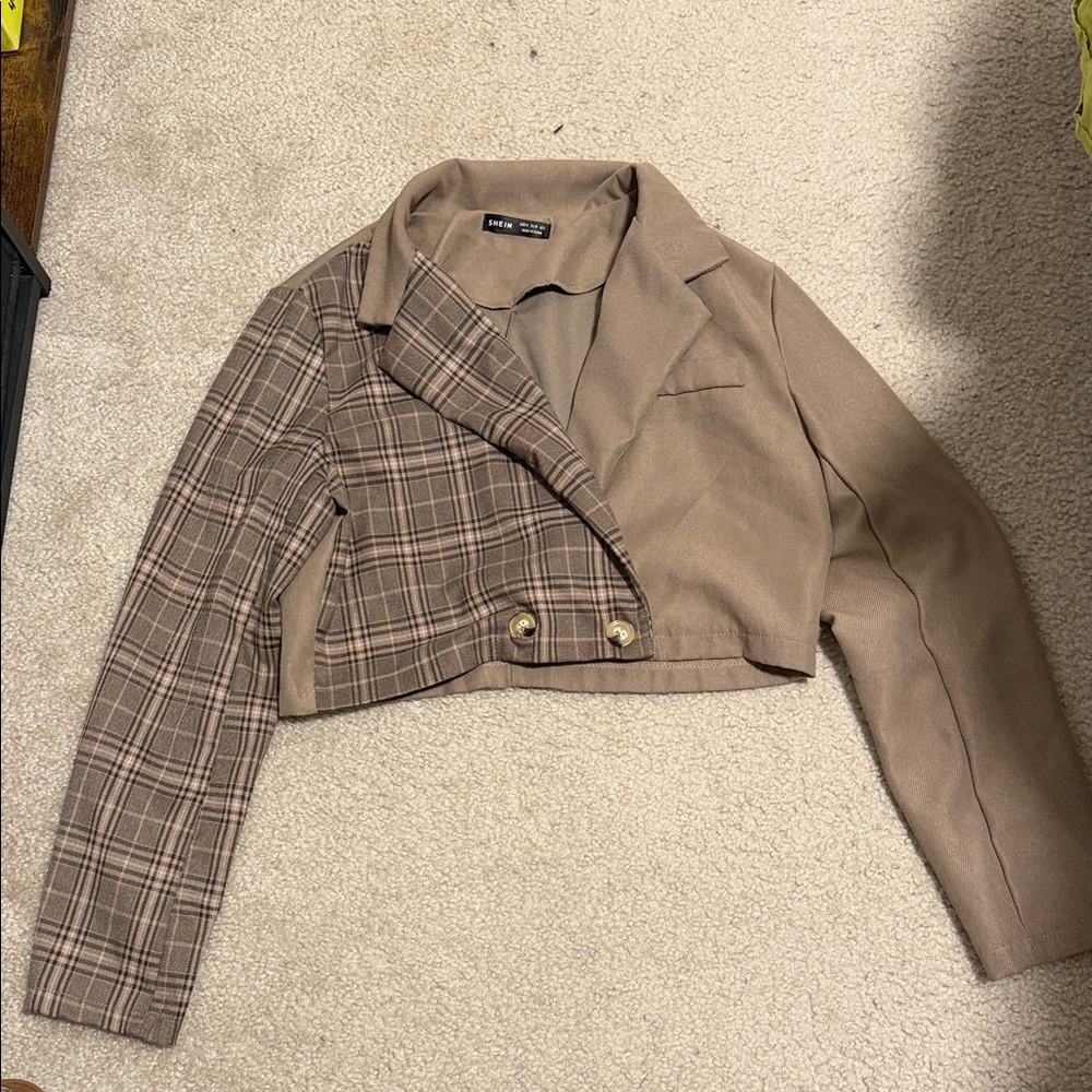SHEIN Tan and Plaid Cropped Blazer